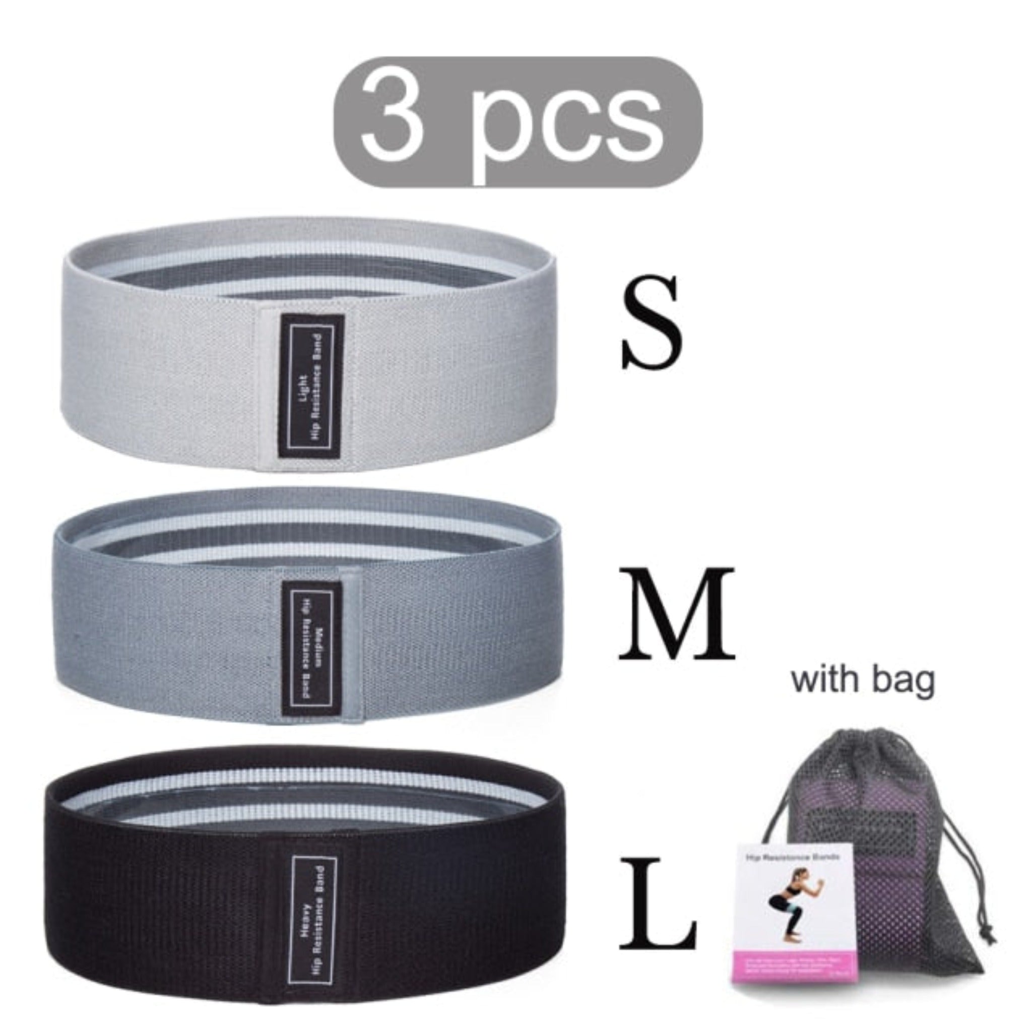 small, medium, and large light gray, dark gray, and black resistance bands with bag and white background