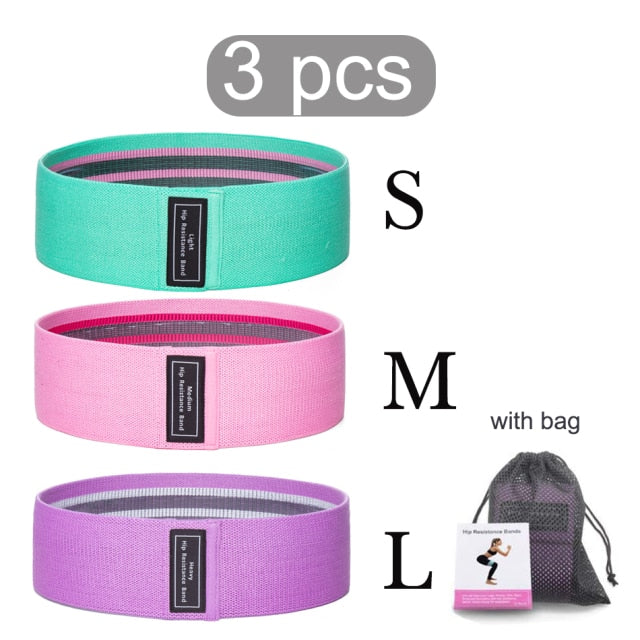 Green, pink, and purple resistance bands small, medium, and large with bag and white background