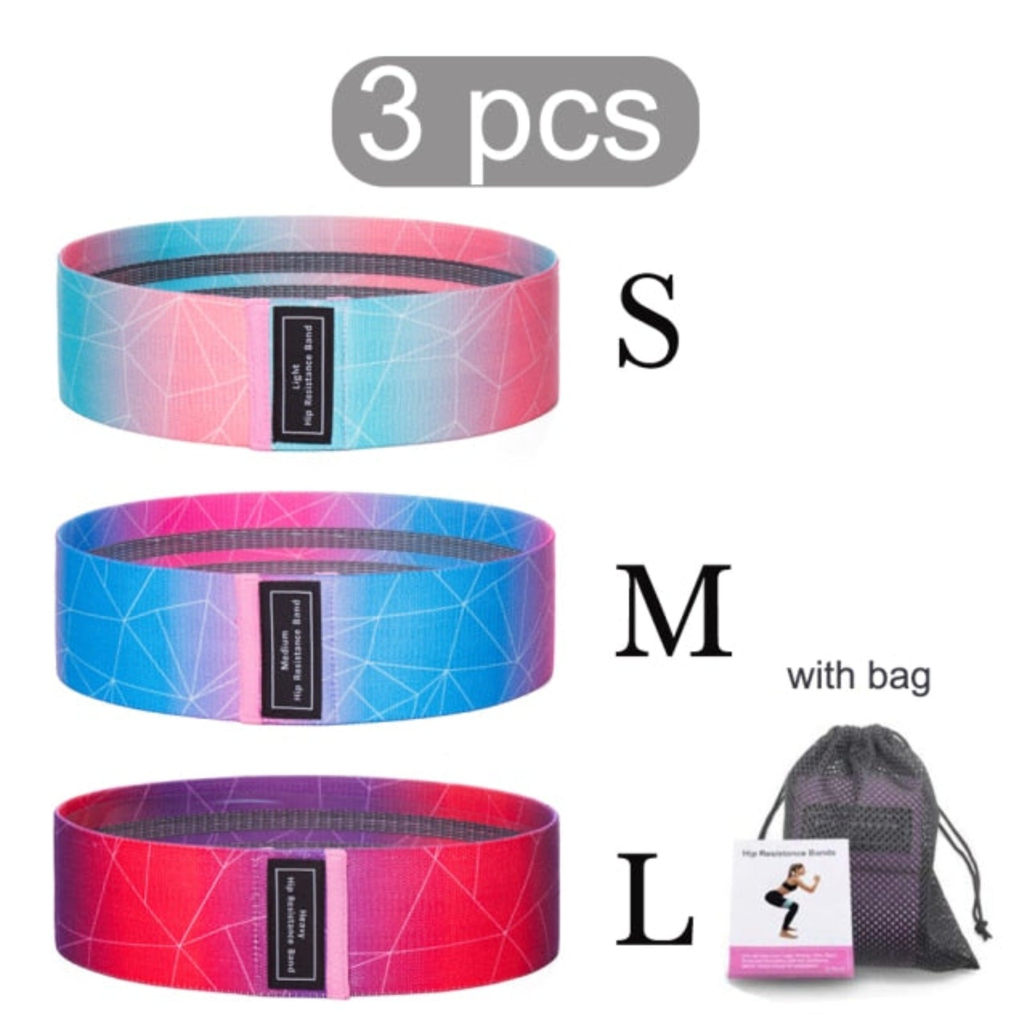 3 pcs booty bands resistance bands with bag and white background (small, medium, and large)