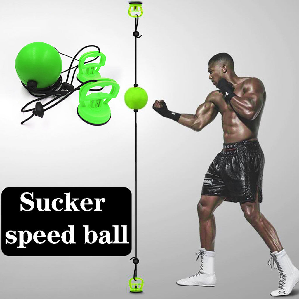 man punching green ball with black ropes