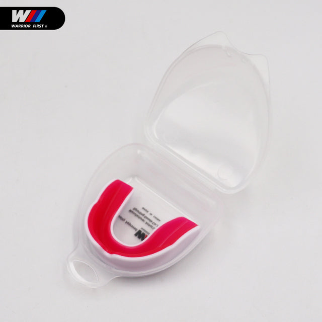 white and red mouth guard with clear case and white background