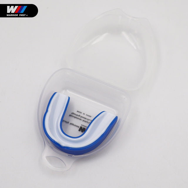 white and blue mouth guard with clear case and white background