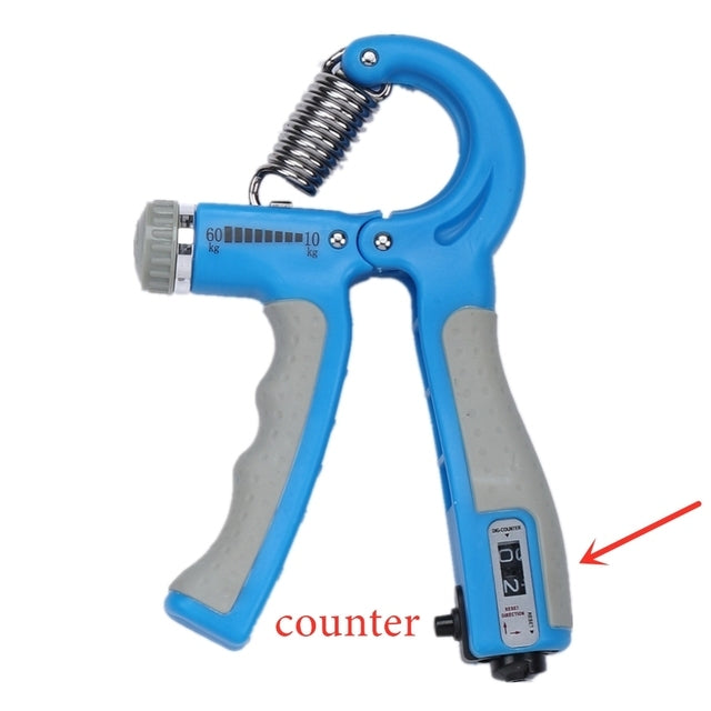 blue and grey hand gripper with white backgroundf