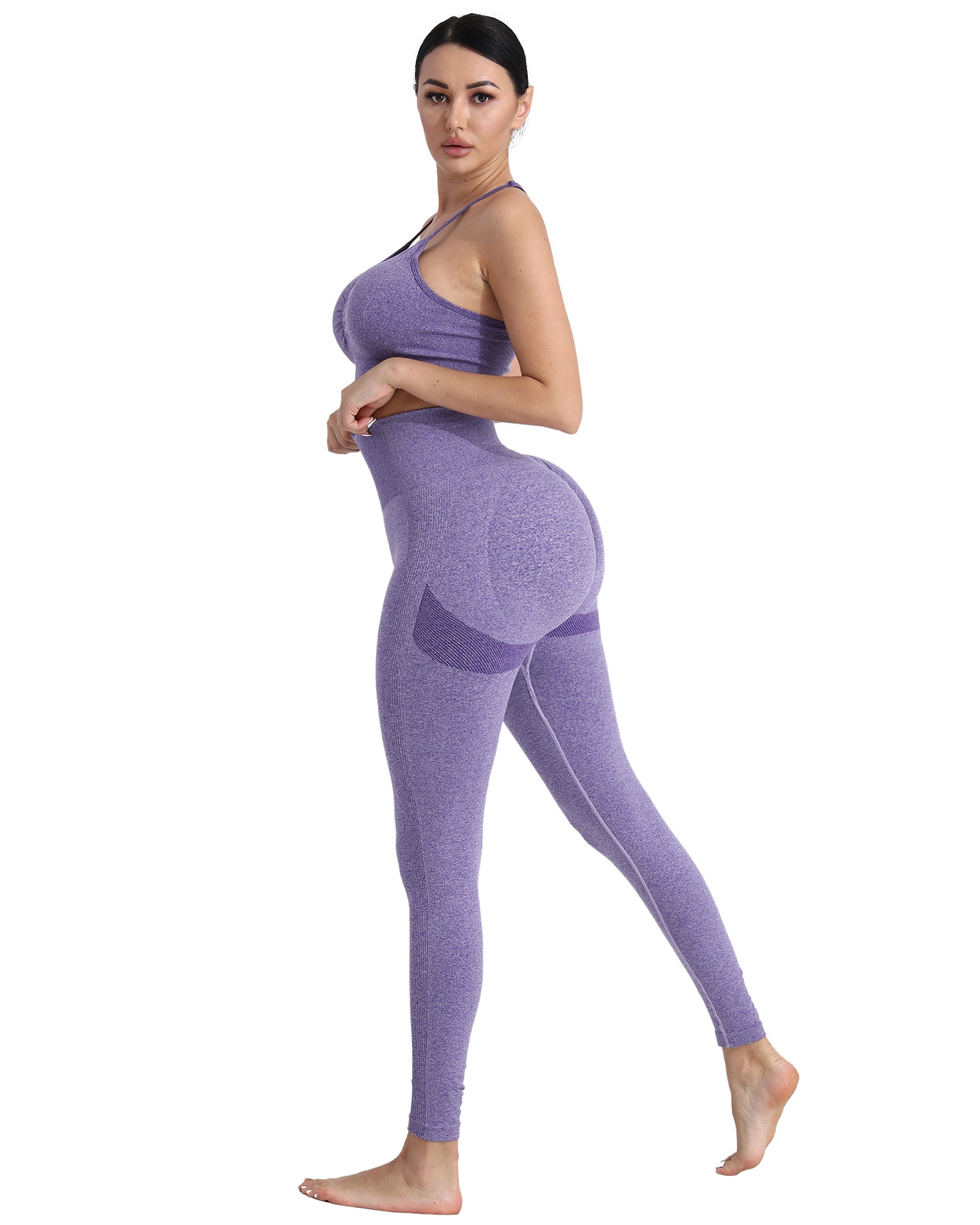 girl wearing purple yoga pants and purple top
