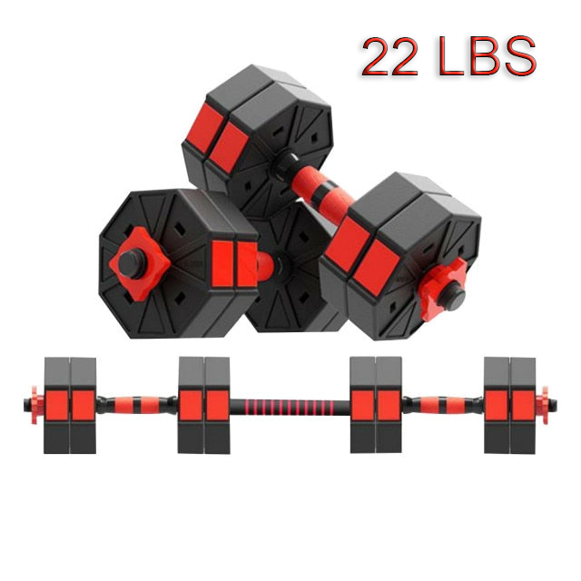 22 lbs dumbbells and barbell with white background