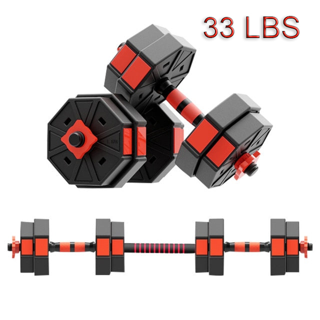 33 lbs dumbbells and barbell with white background