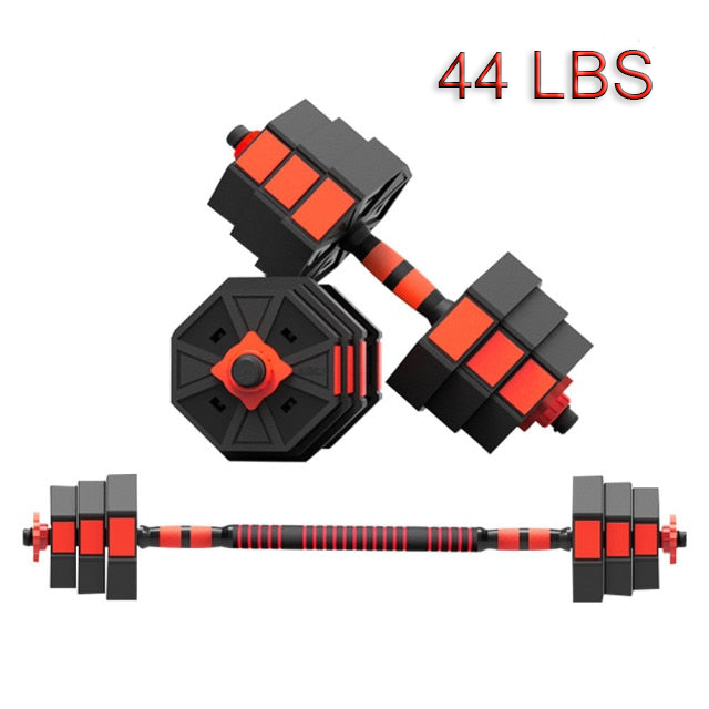 44 lbs dumbbells and barbell with white background