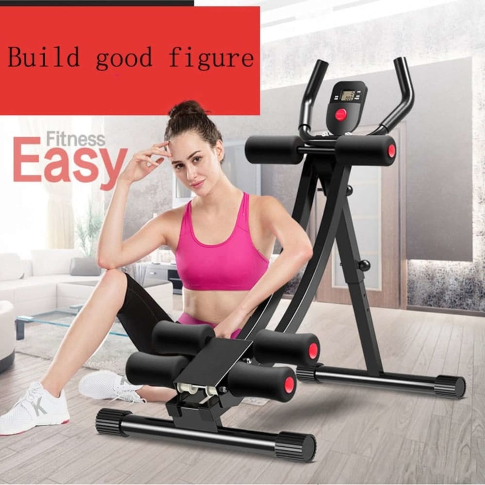 girl in pink shirt sitting in room next to fitness abs machine with words build good figure fitness easy