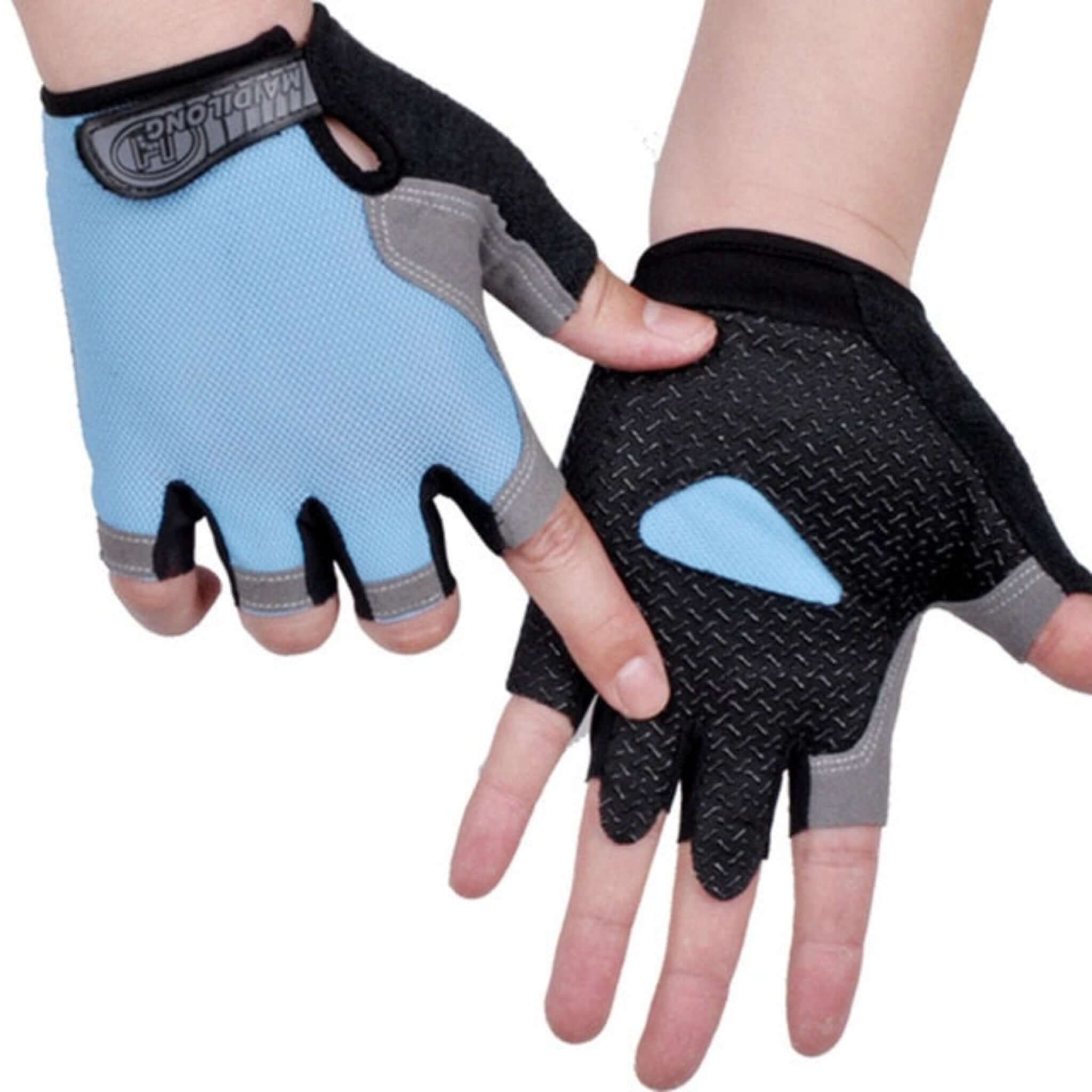 hands wearing black, blue, orange and gray half finger cycling gloves with white background