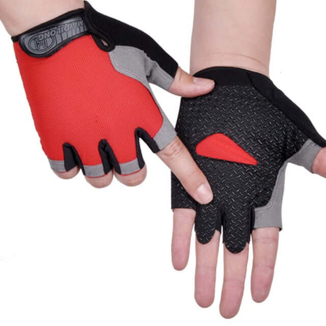 hands wearing red and black half finger cycling gloves with white background