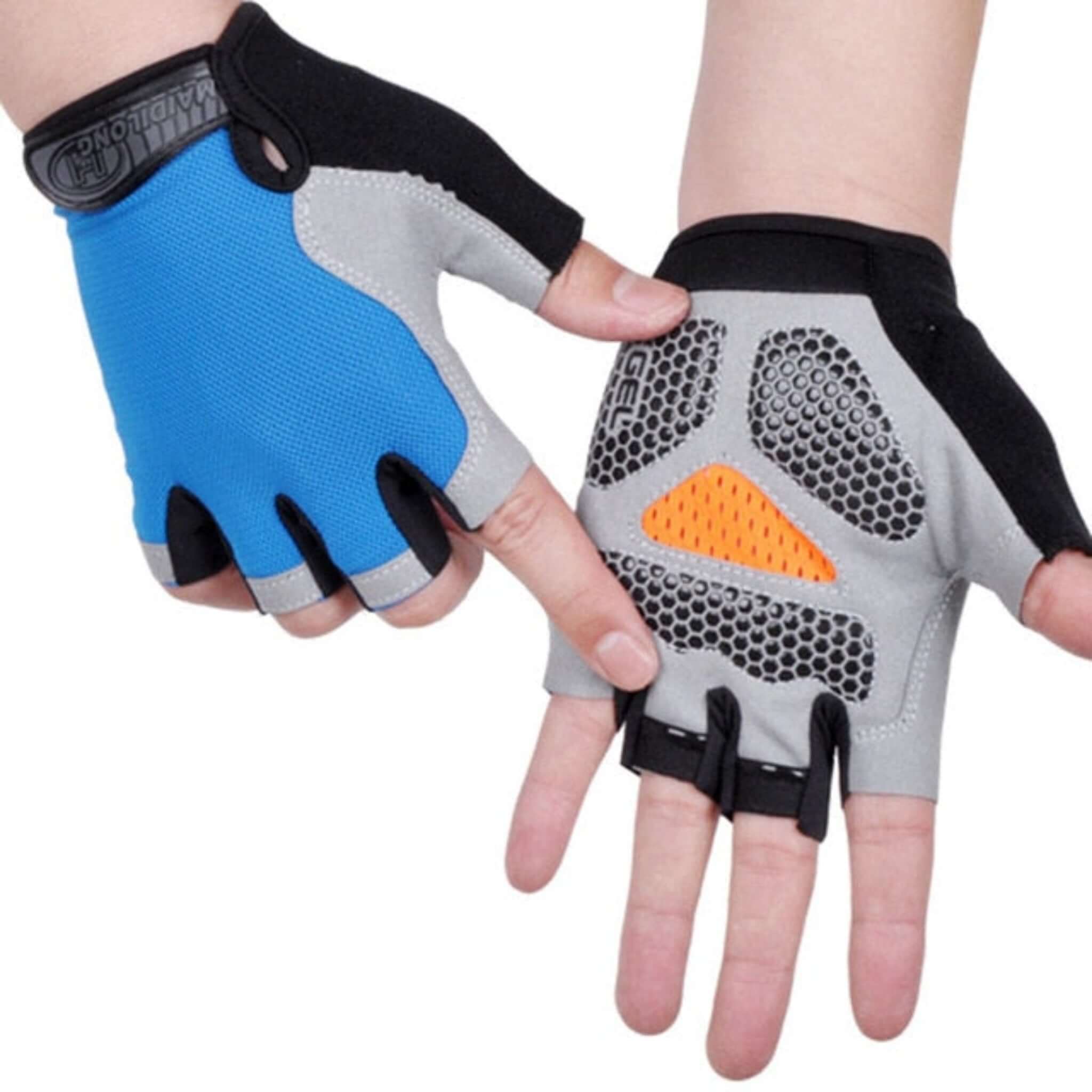 hands wearing blue, black, orange and gray half finger cycling gloves with white background