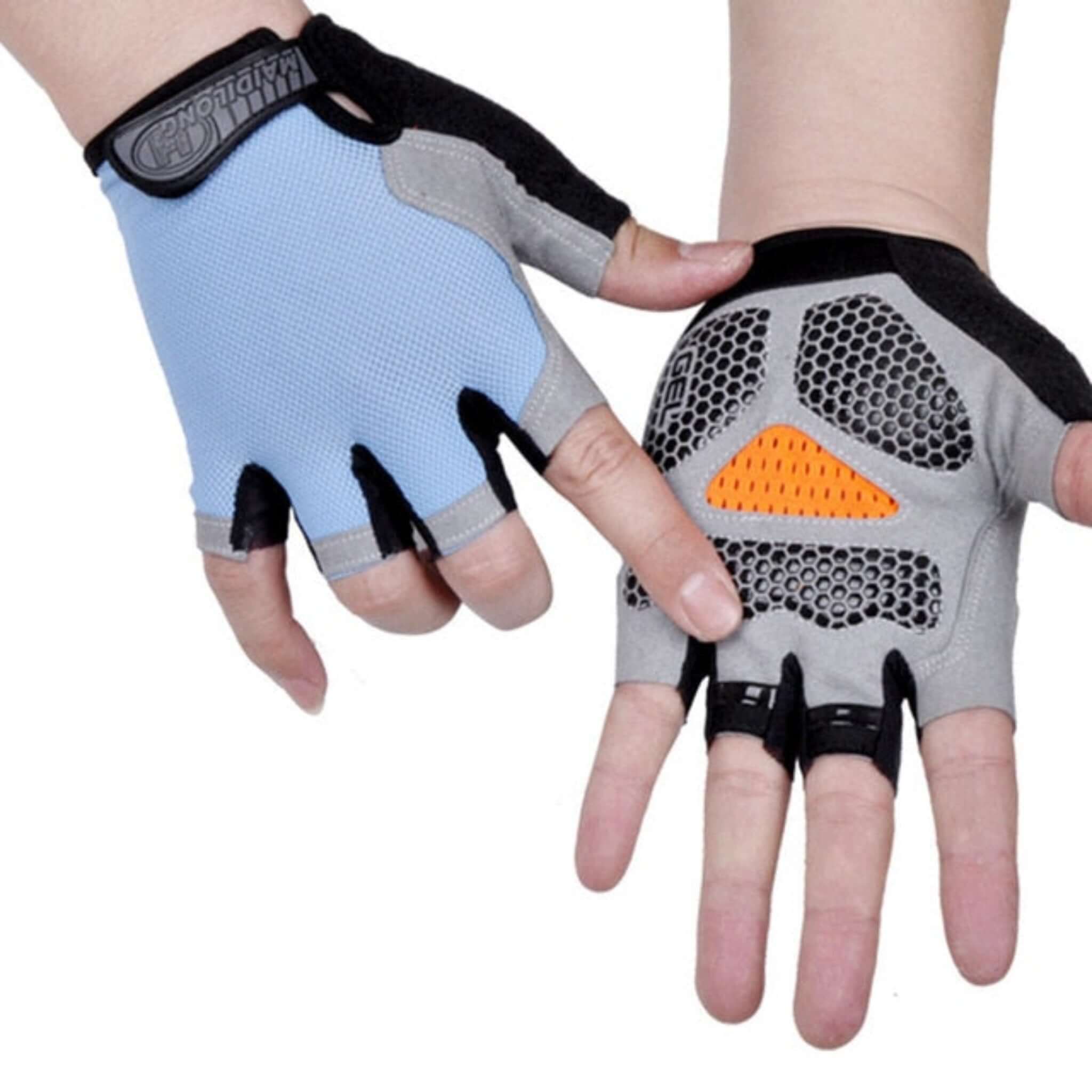 hands wearing blue, black, orange, and gray half finger cycling gloves with white background