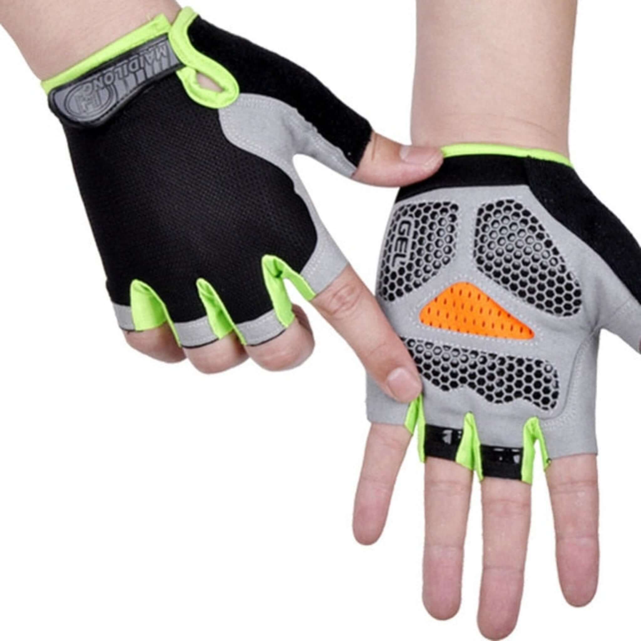 hands wearing black, orange, green, and gray half finger cycling gloves with white background