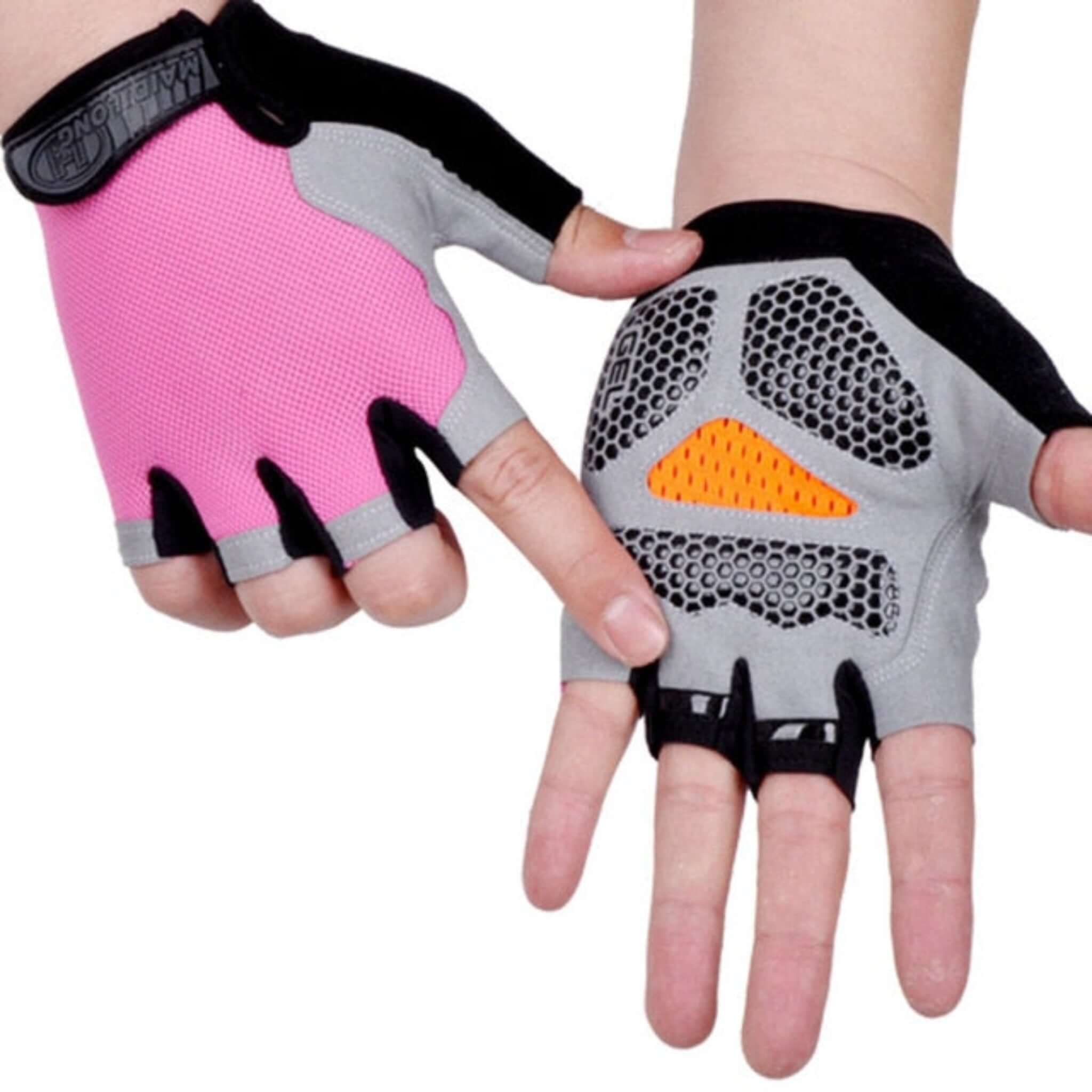 hands wearing pink black, orange and gray half finger cycling gloves with white background