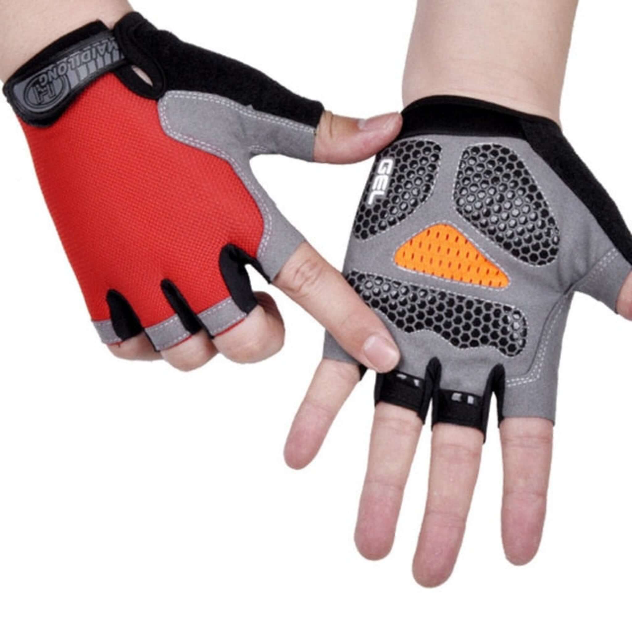 hands wearing red, black, orange and gray half finger cycling gloves with white background