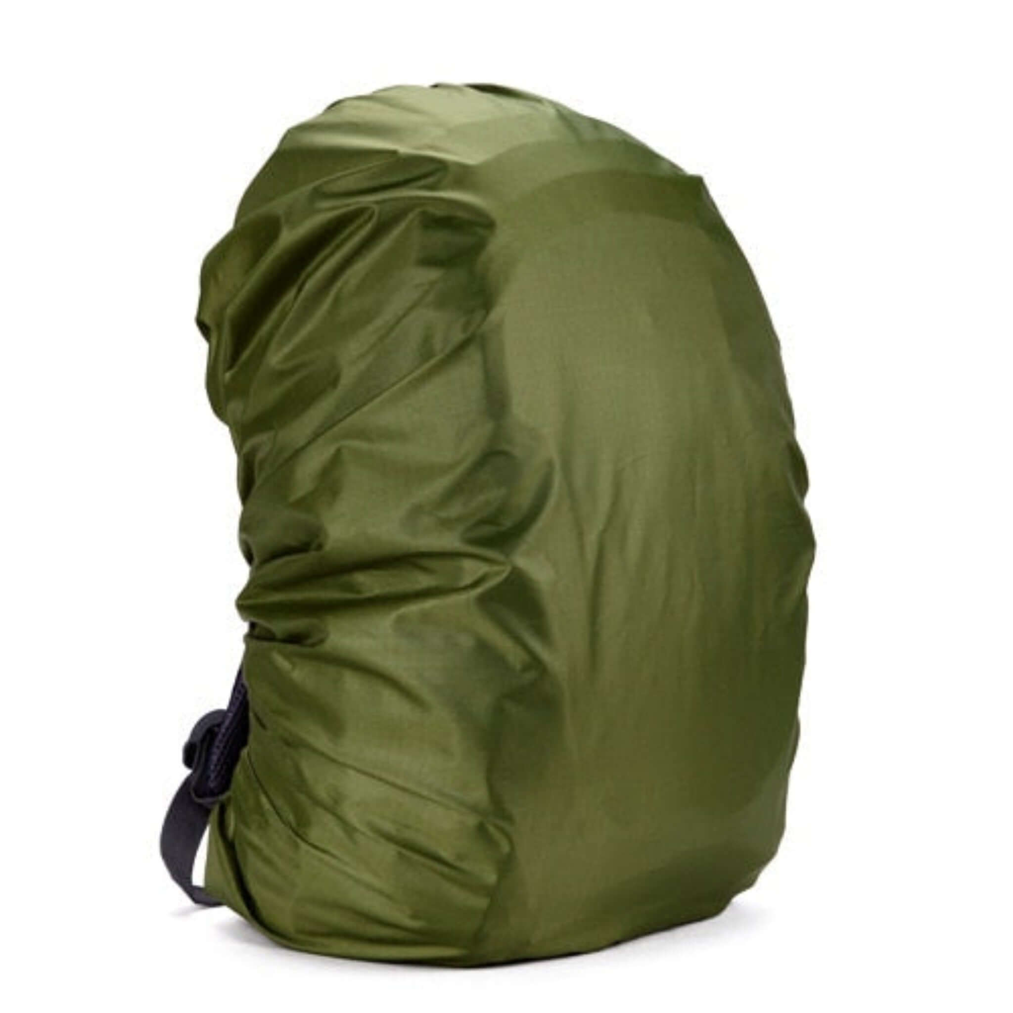 green backpack rain cover with black strap and white background