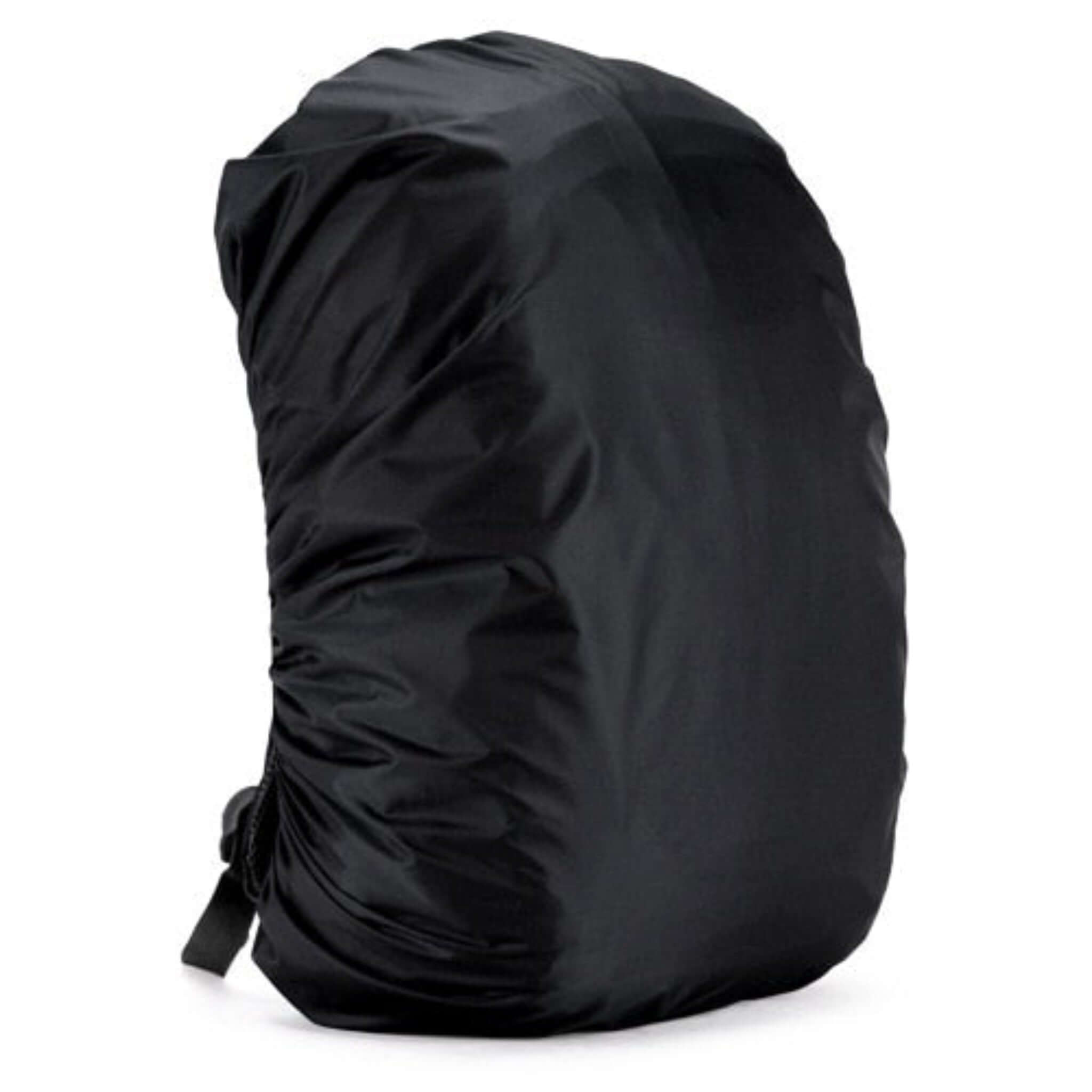 black backpack rain cover with black strap and white background