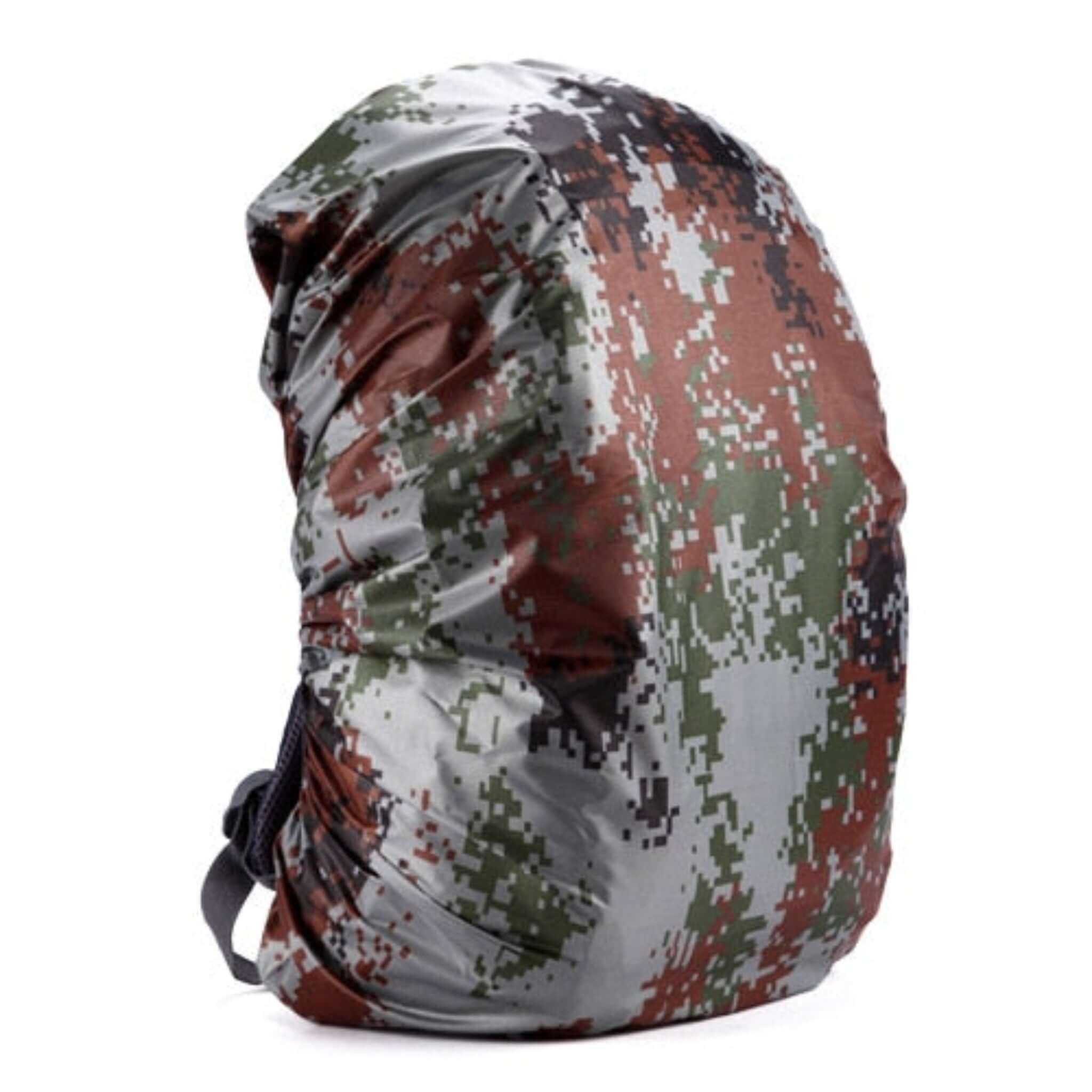 gray, brown, green, and black backpack rain cover with black strap and white background