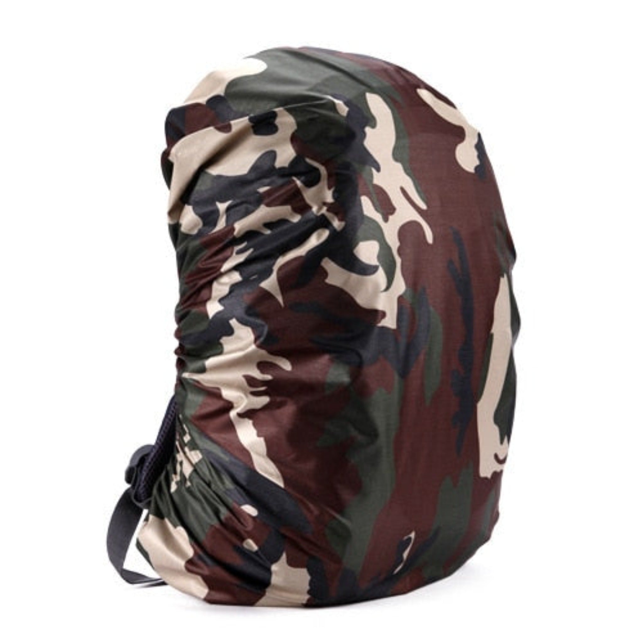 camouflage backpack rain cover with black strap and white background