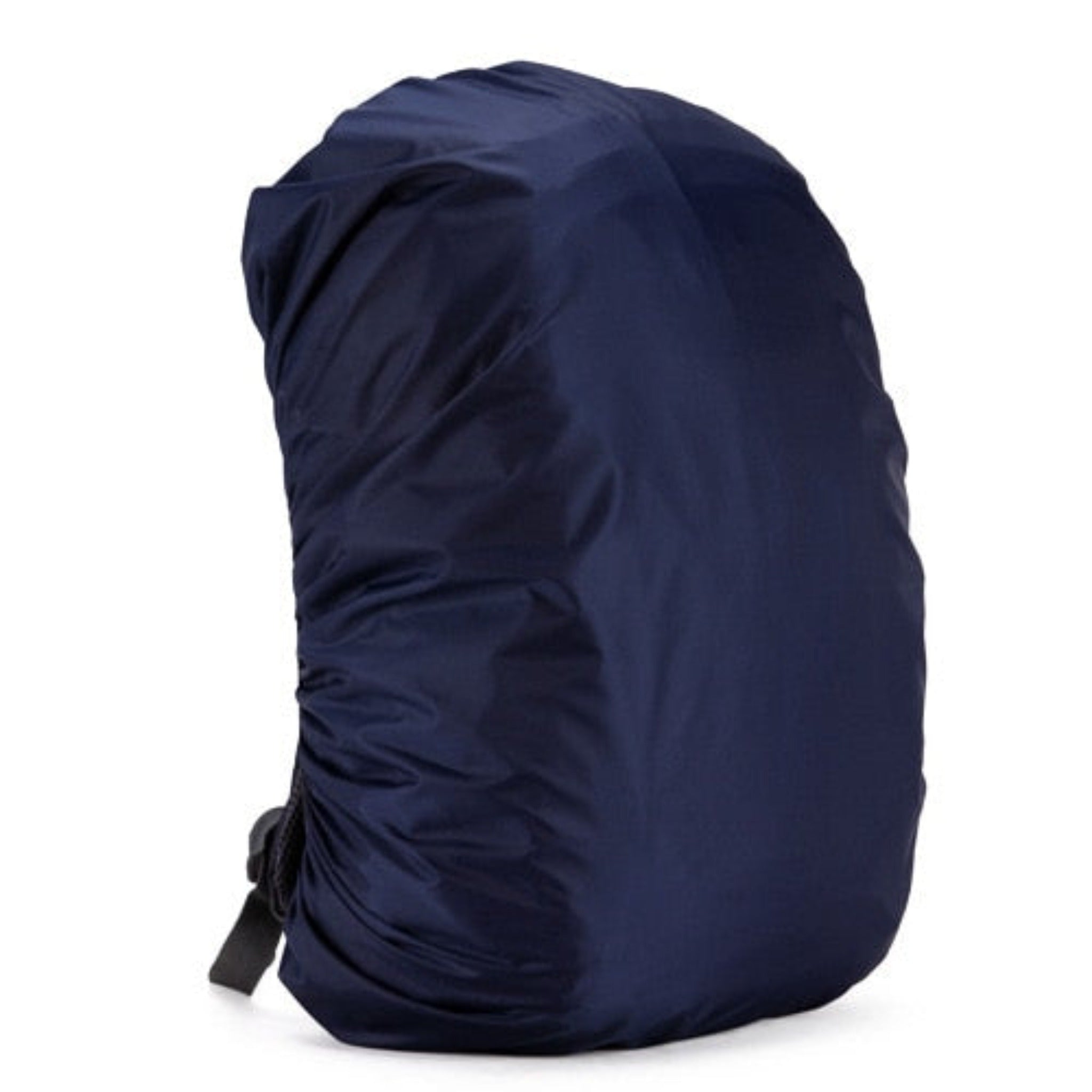 dark blue backpack rain cover with black strap and white background