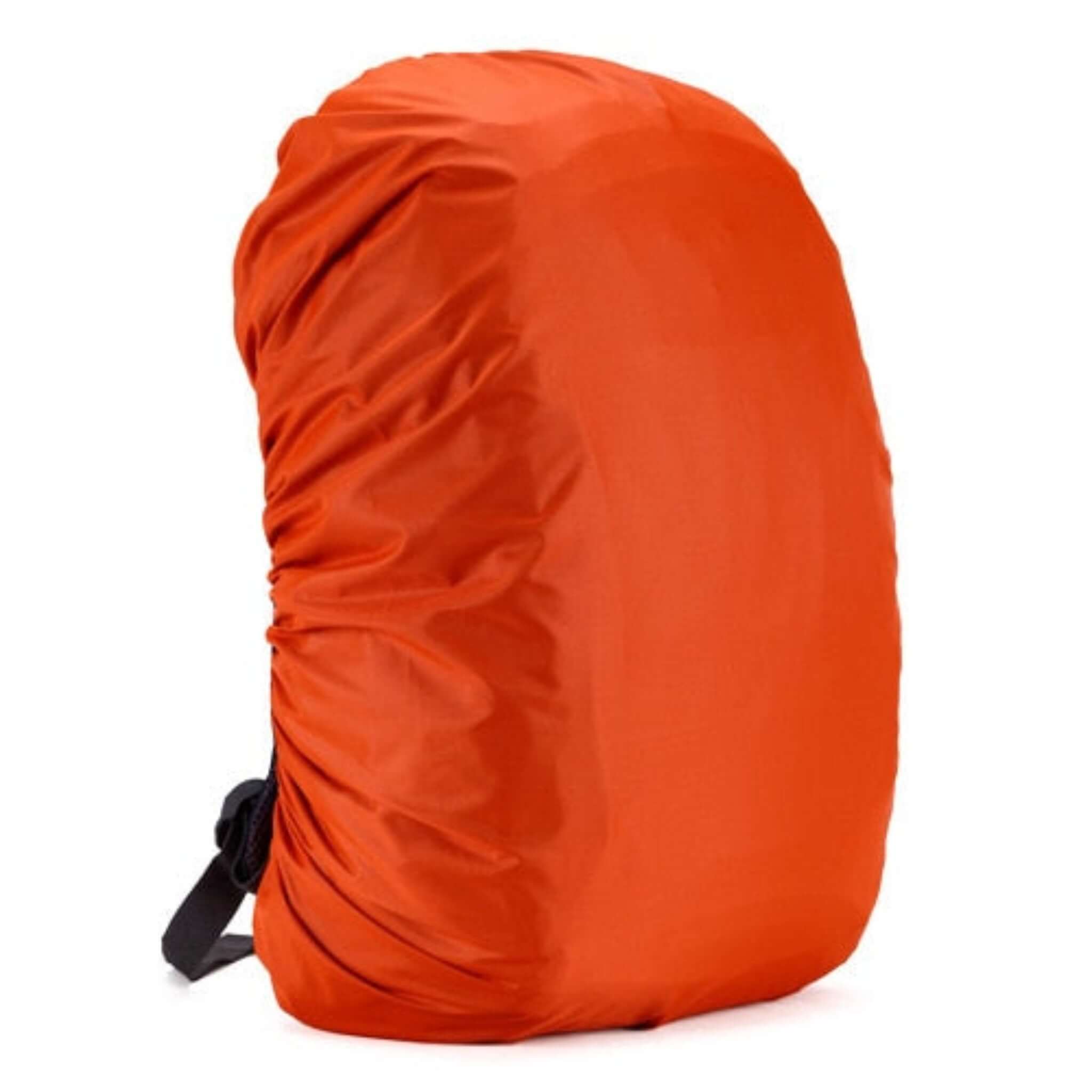 orange backpack rain cover with black strap and white background