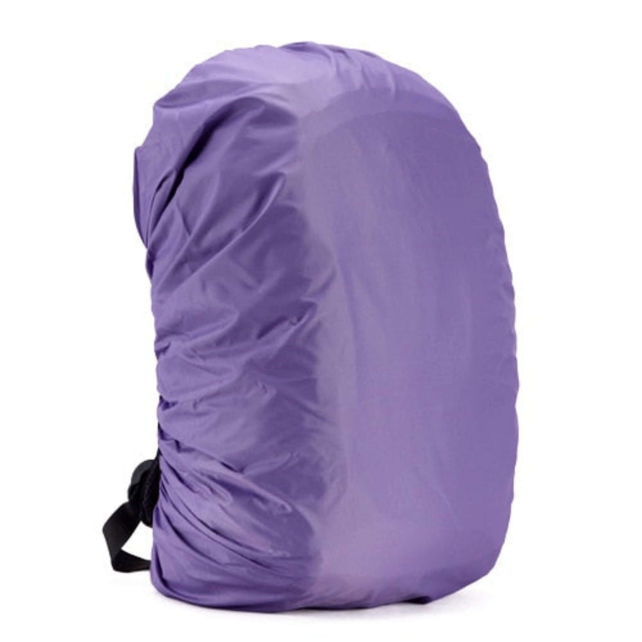 purple backpack rain cover with black strap and white background