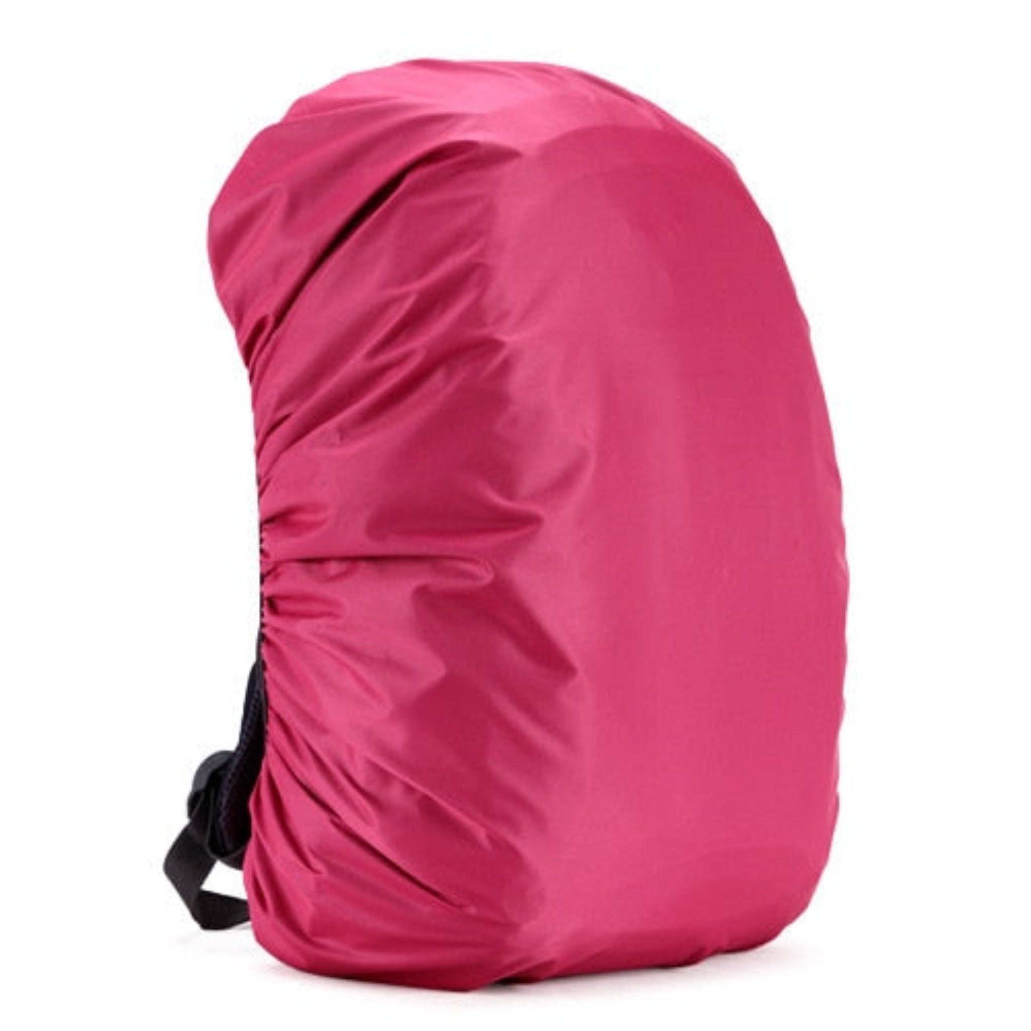 pink backpack rain cover with black strap and white background