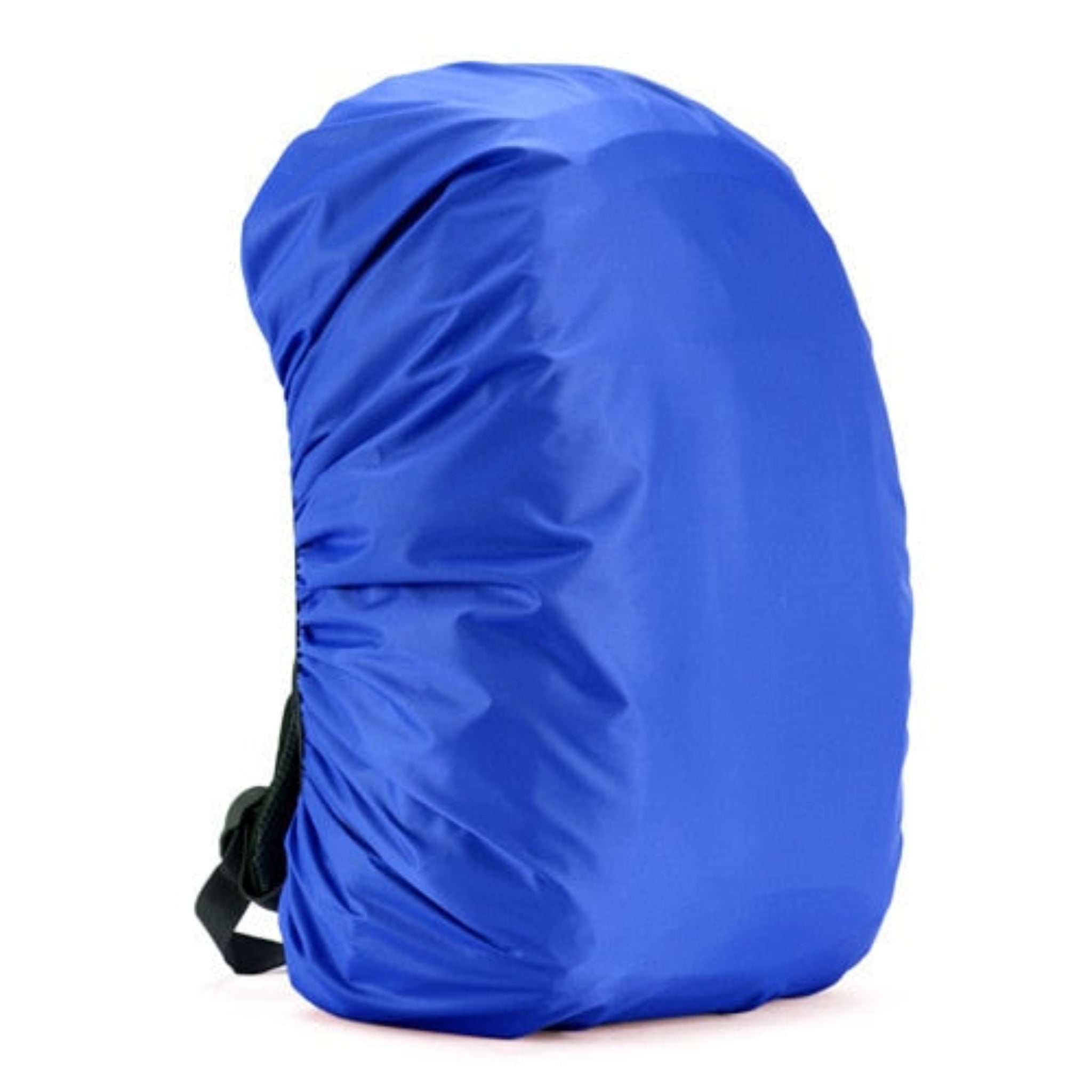 blue backpack rain cover with black strap and white background