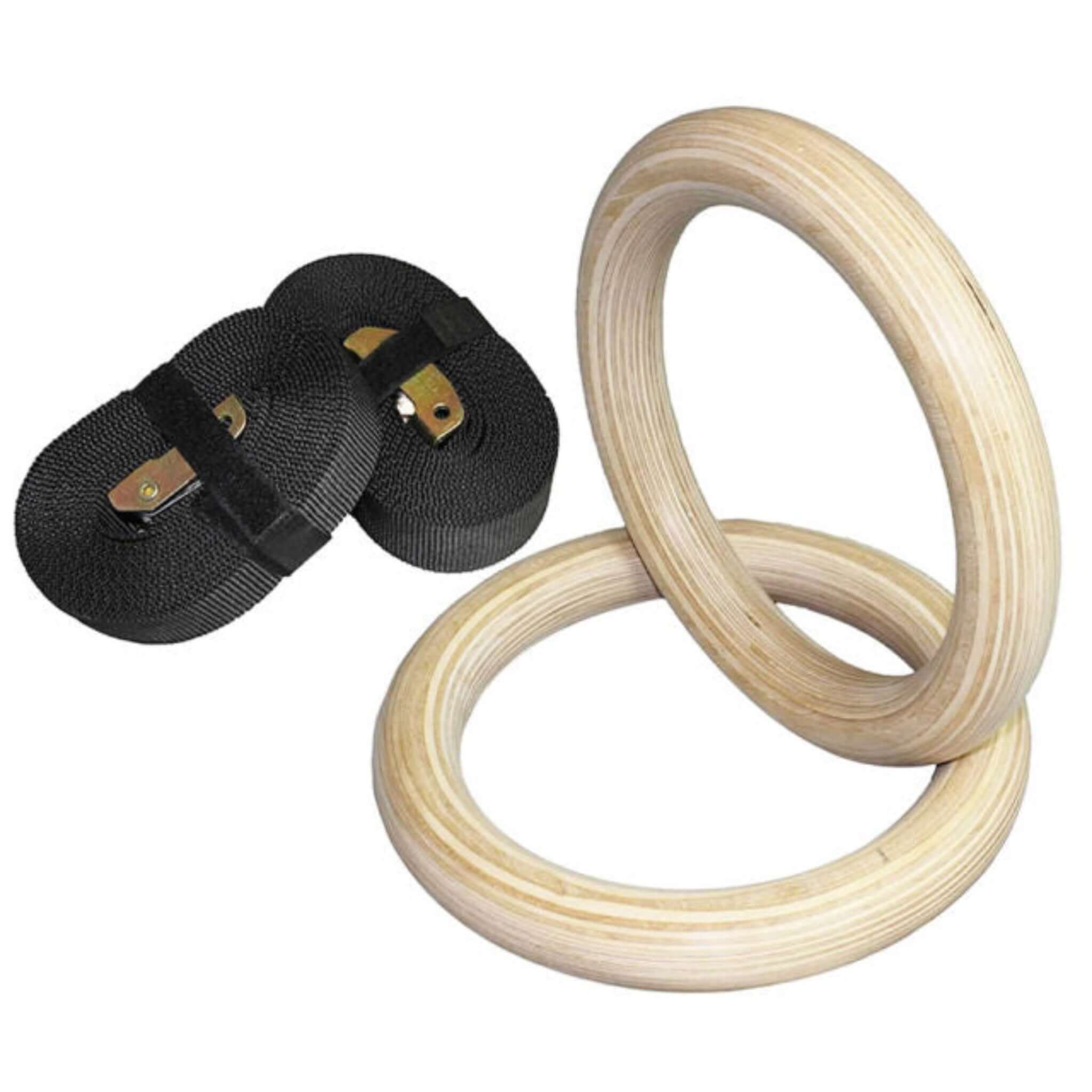 birch wood gymnastics rings and black straps with white background