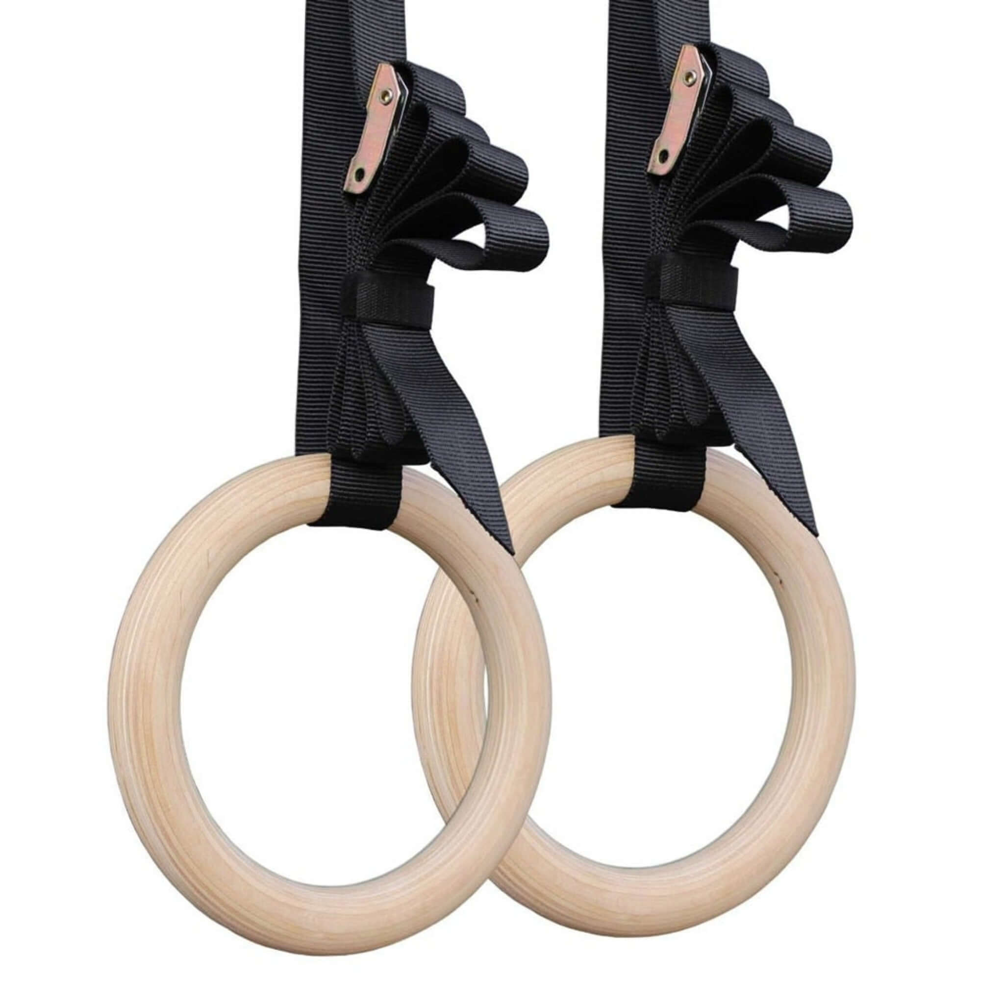 birch wood gymnastics rings with black straps and white background