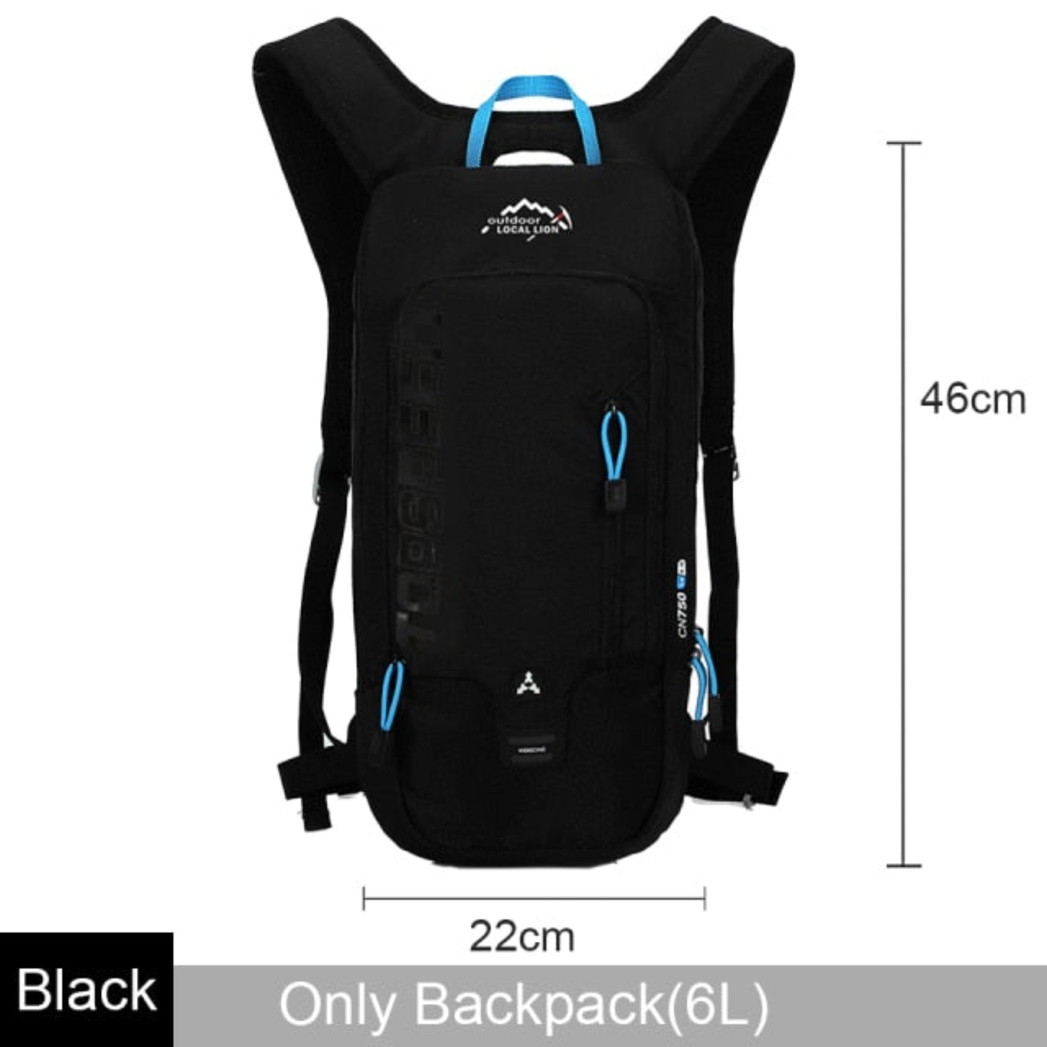 black backpack with light blue handle and zippers, white background