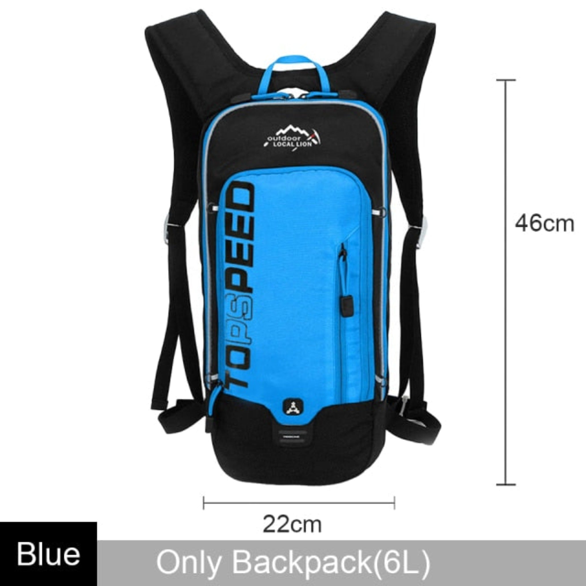 black and blue backpack with white background