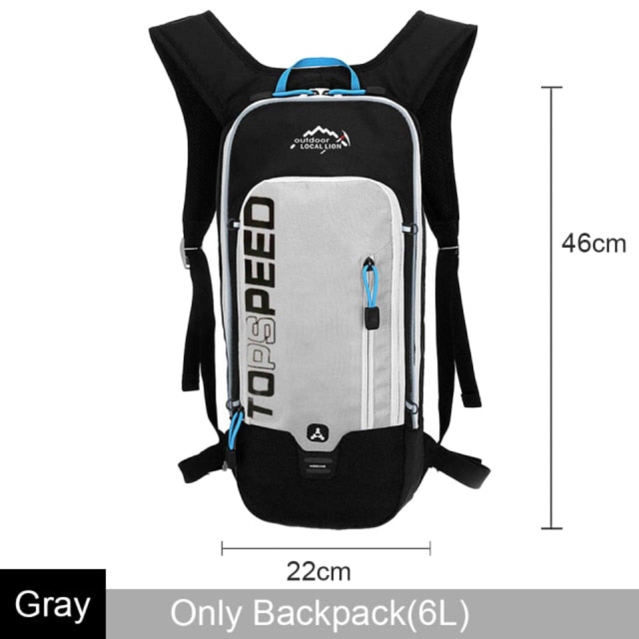 black, light blue, and gray cycling backpack with white background