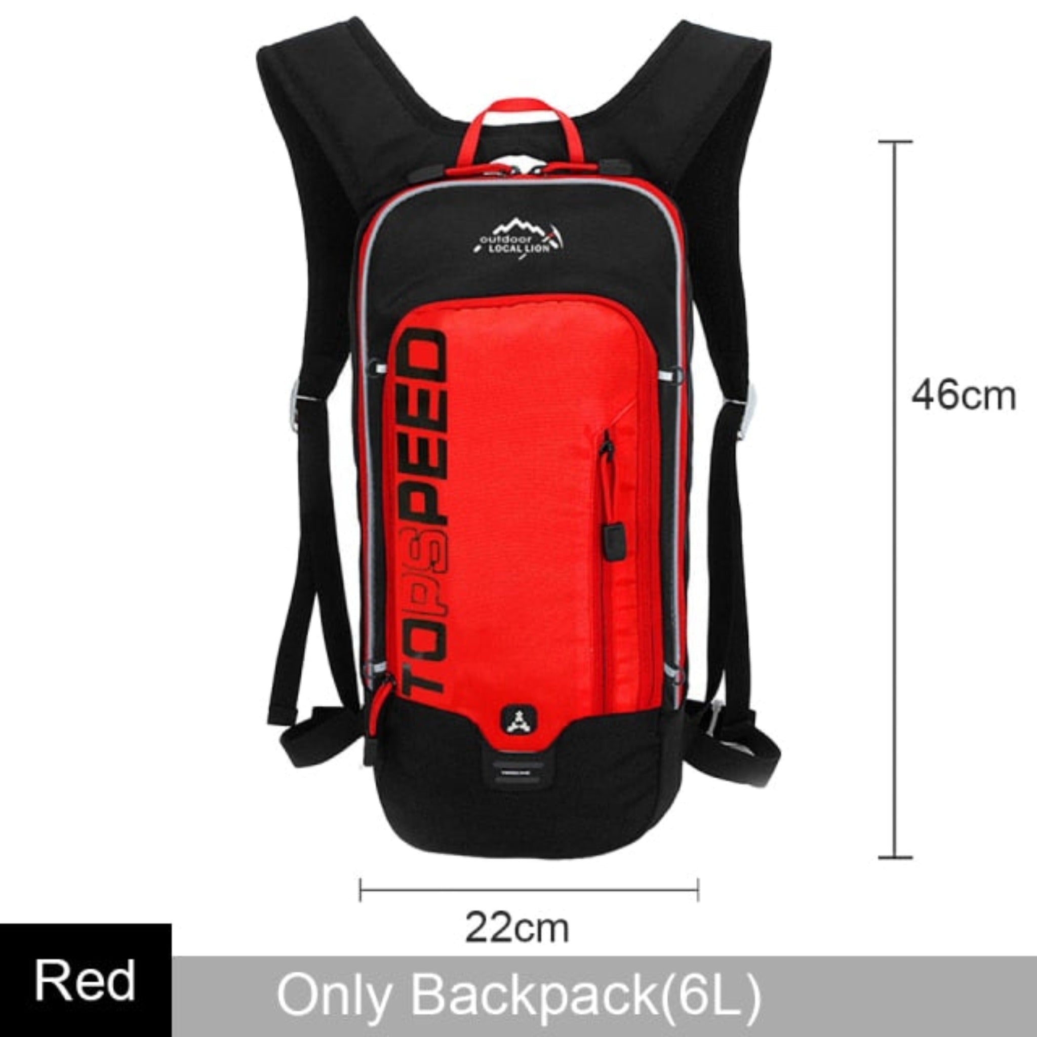 red and black backpack with scale to show how long it is and white background