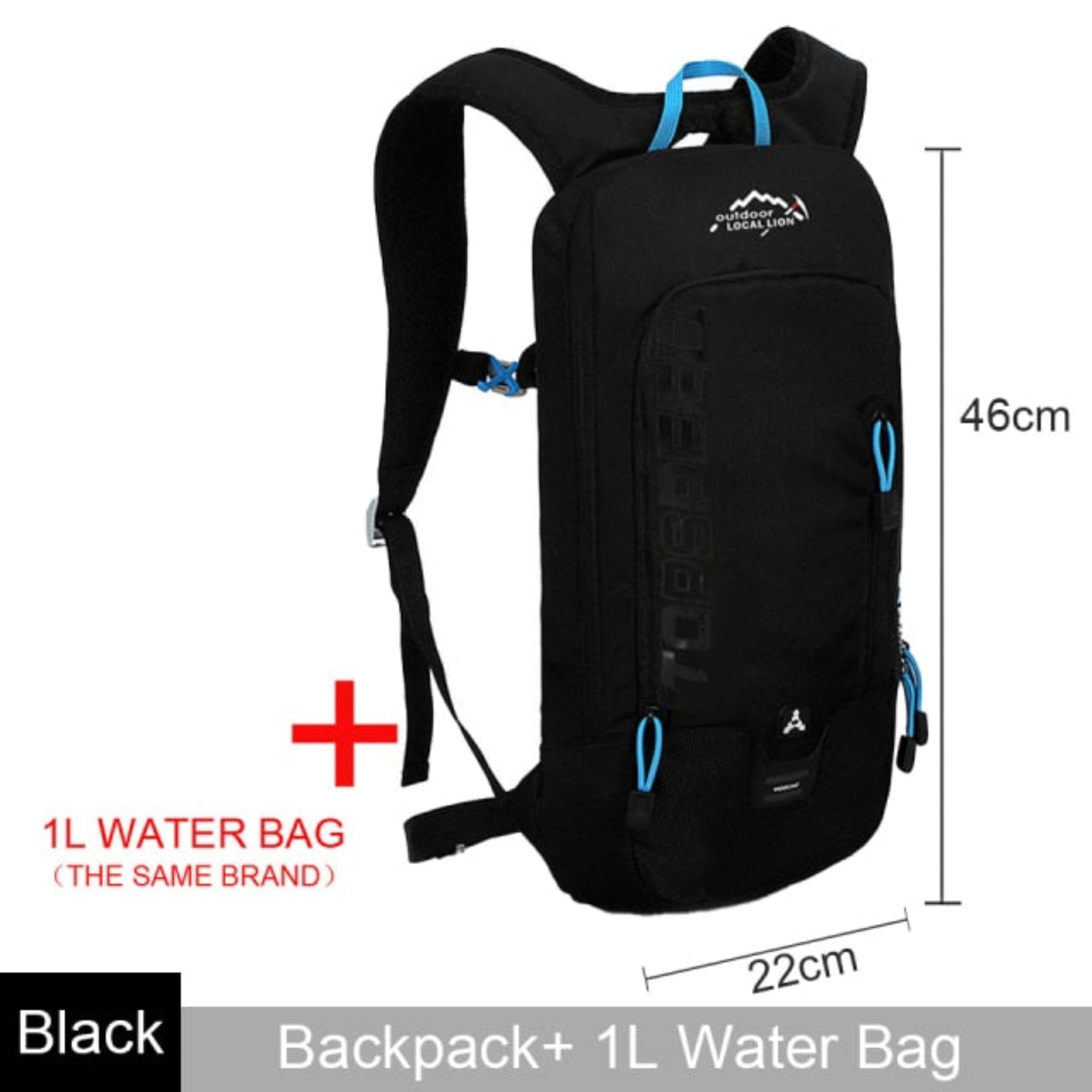 black and light blue backpack with scale to show length