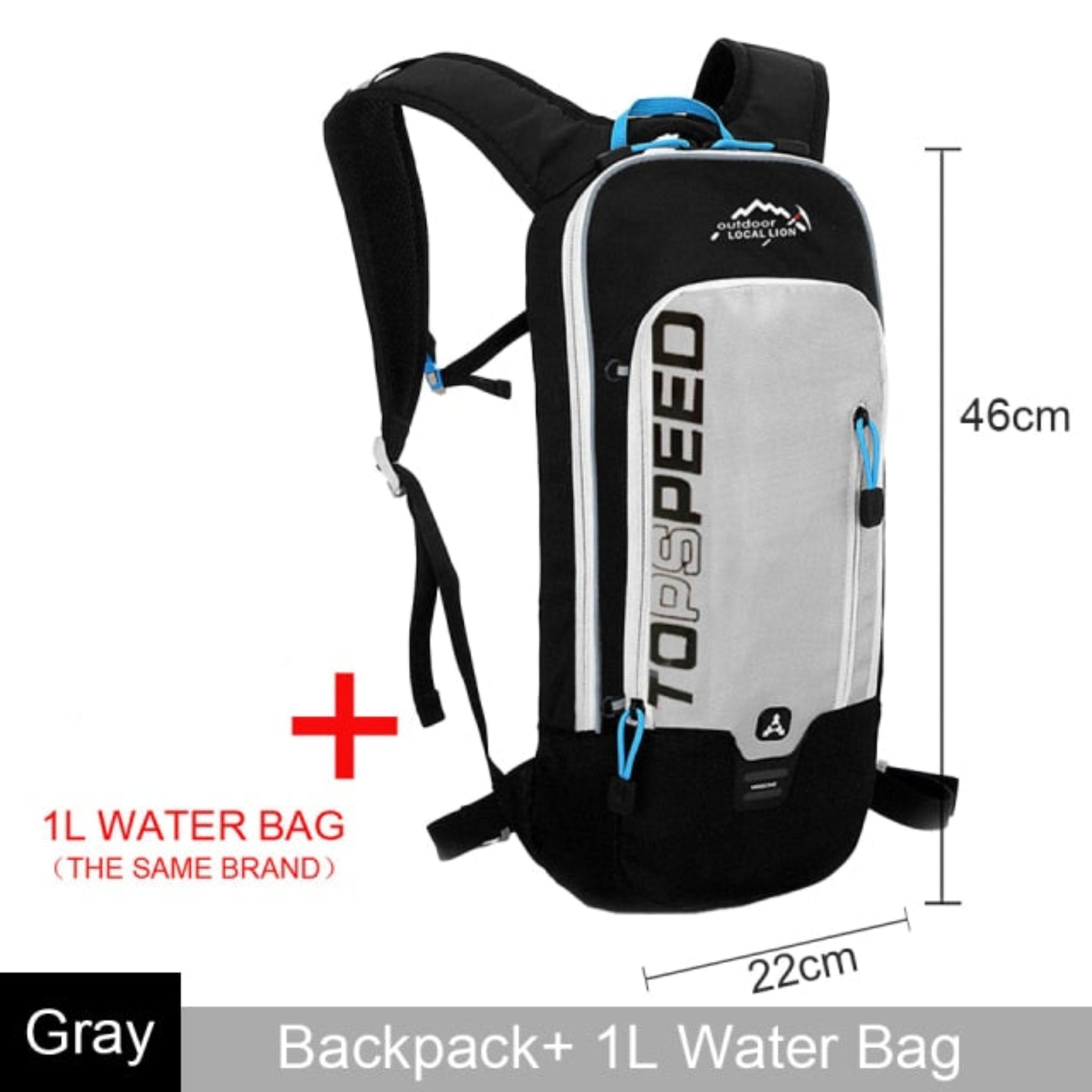 black, gray, and light blue backpack with white background and scale showing length