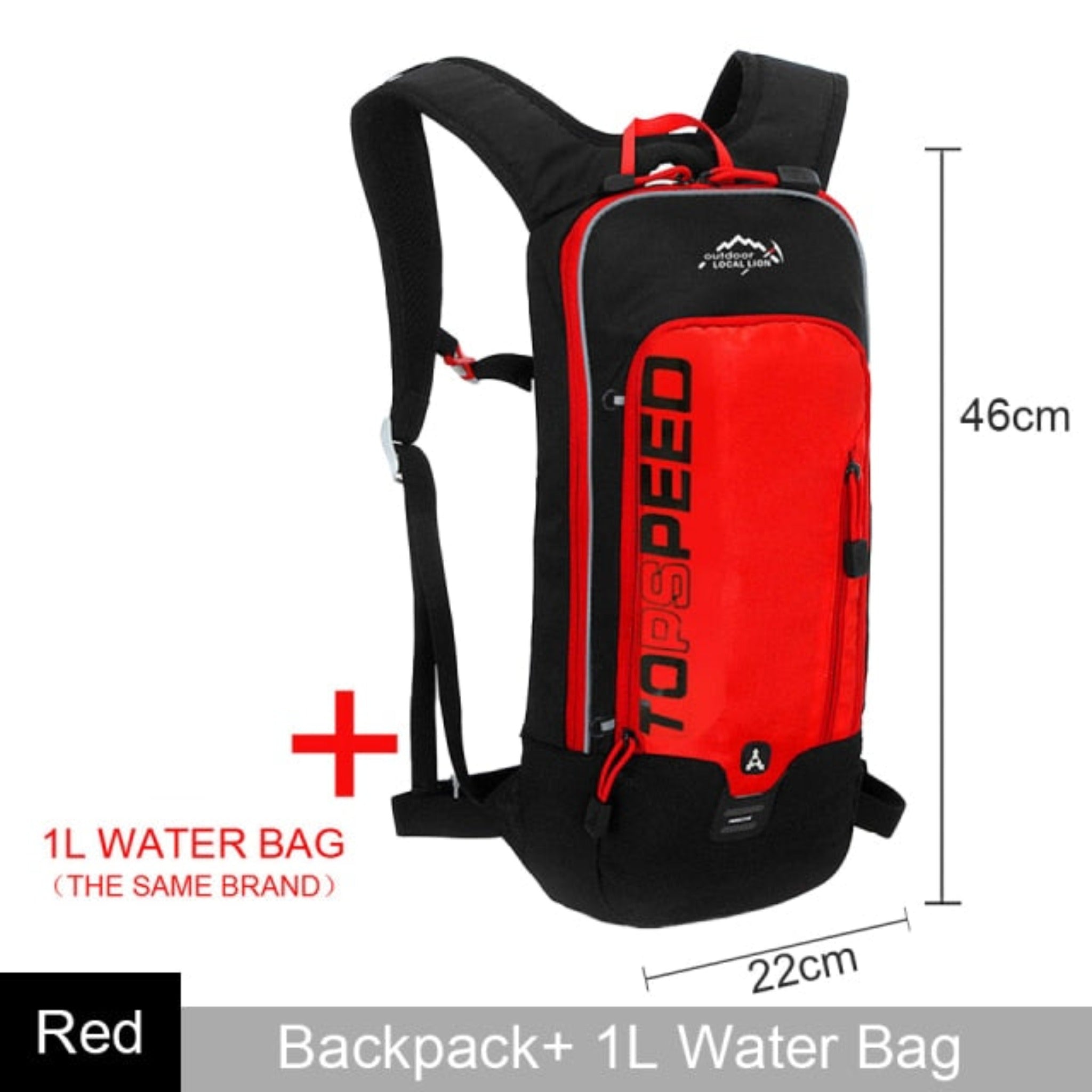 red and black backpack with white background