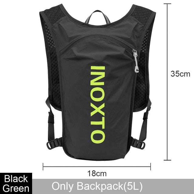 black cycling backpack with green words and white background