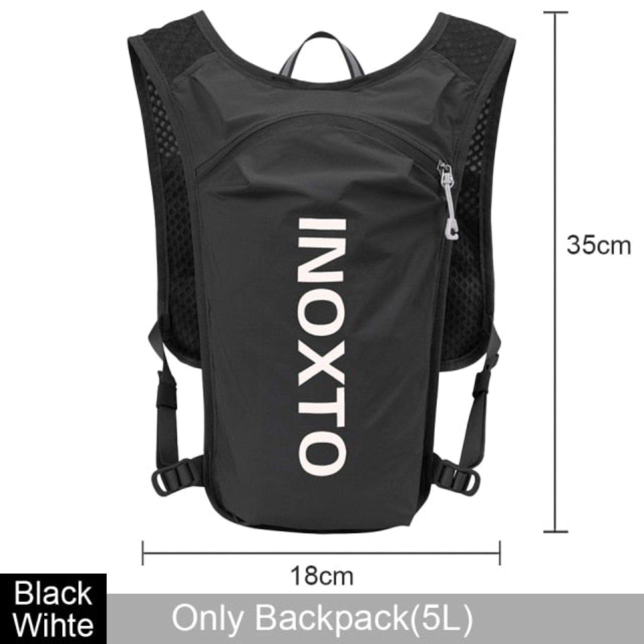 black backpack with white words and black background