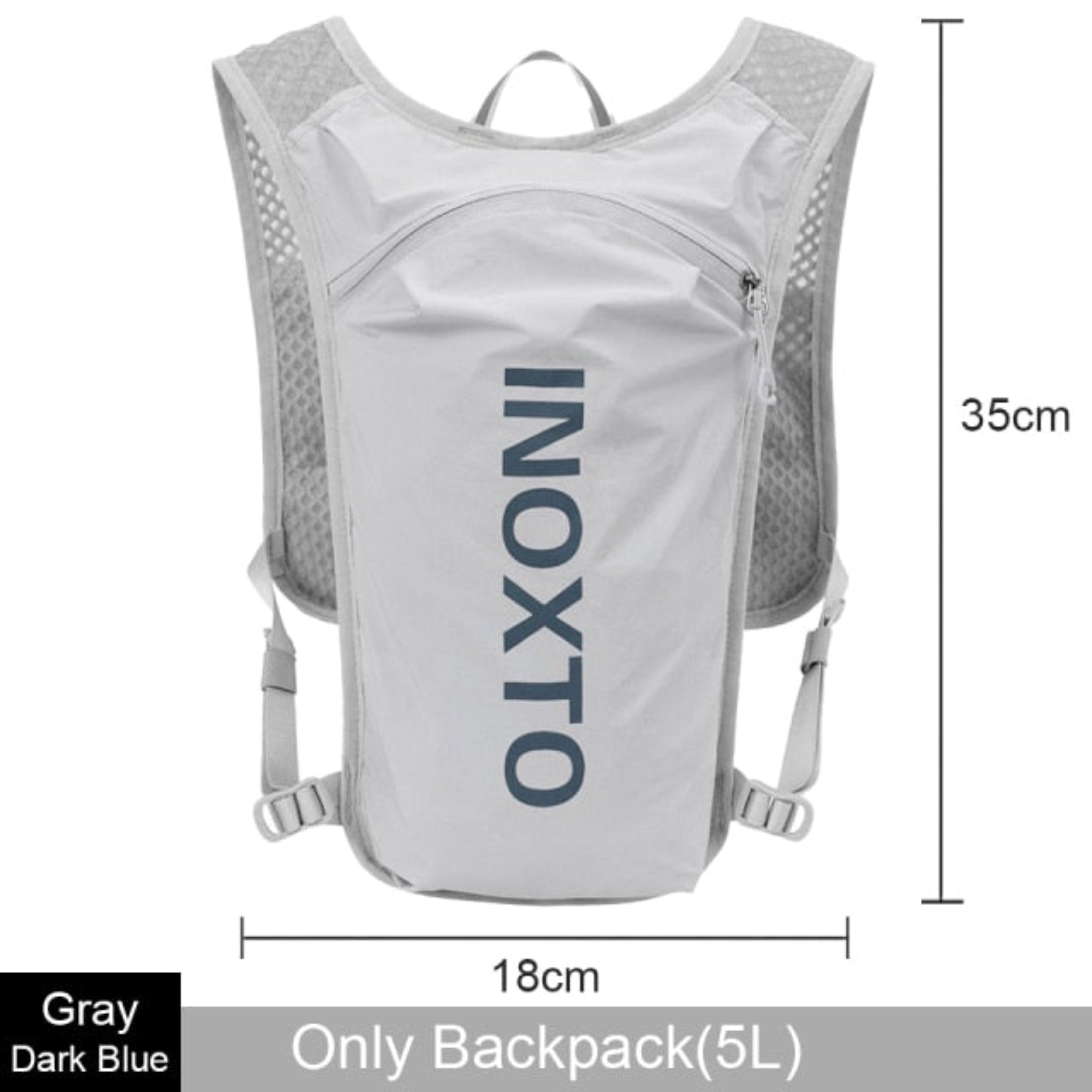 gray backpack with length scale and white background