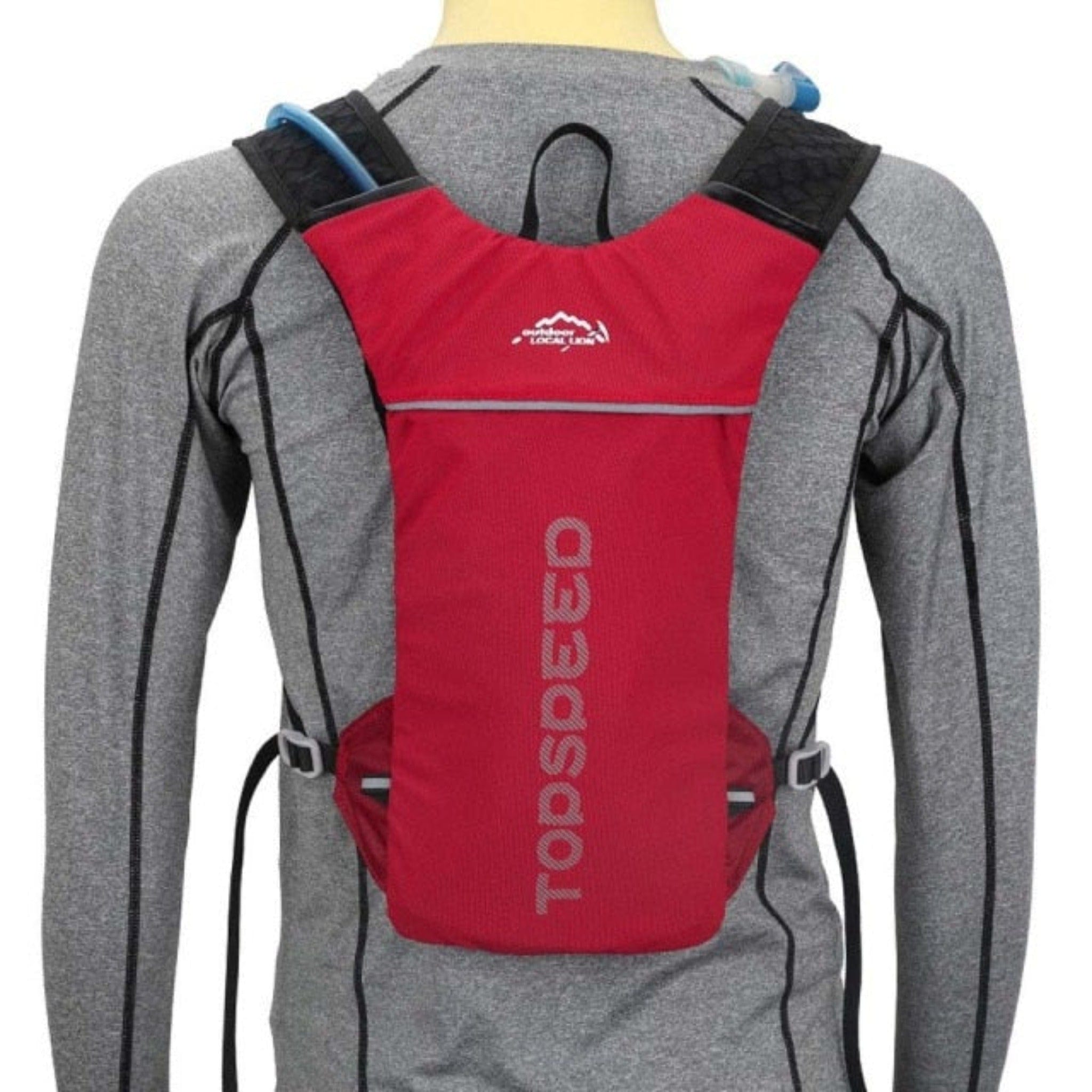 man wearing red topspeed hydration pack holder with white background