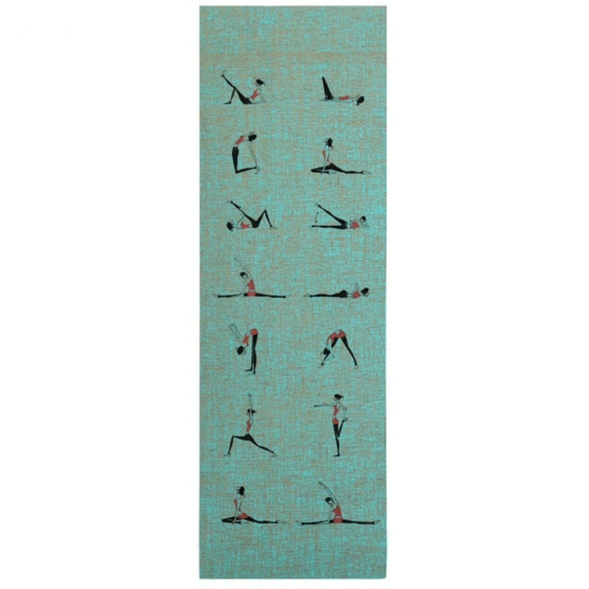 blue yoga mat with design of little people doing yoga on it and background