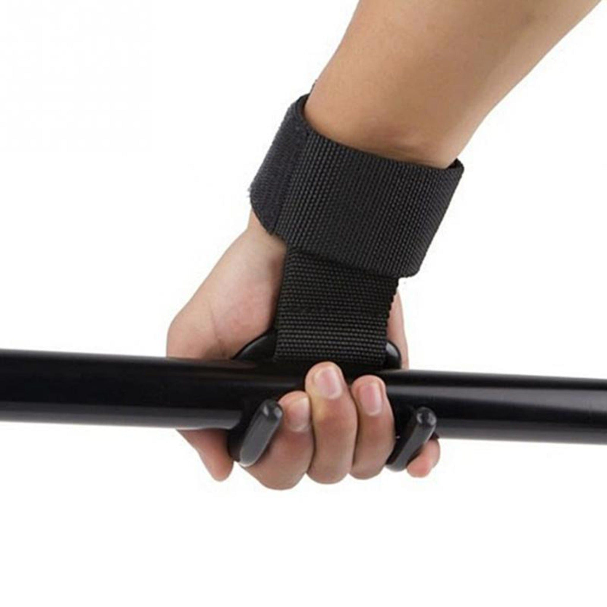 hand demonstrating wristband hook holding bar white background