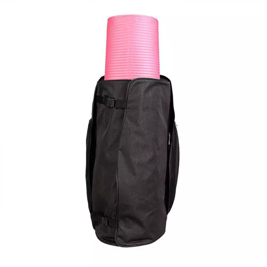 backpack with pink yoga mat in it and white background