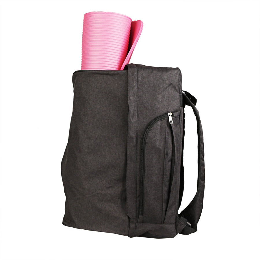 black backpack sideview holding pink yoga mat with white background