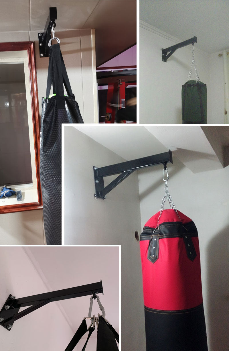 4 different pictures of wall mounts holding punching bags