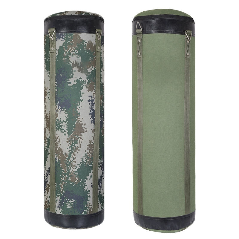 green and camouflage punching bags with white background 