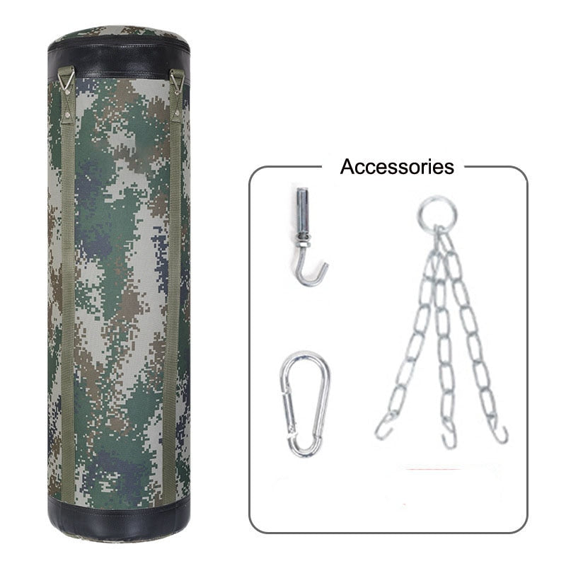 camouflage punching bag with example of accessories and white background 