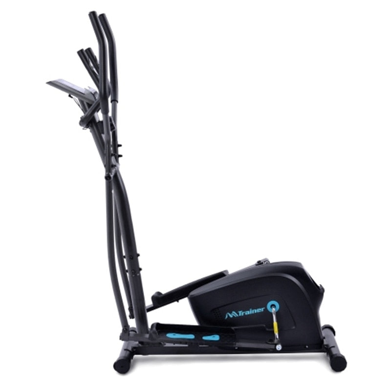 black and blue exercise bike with white background