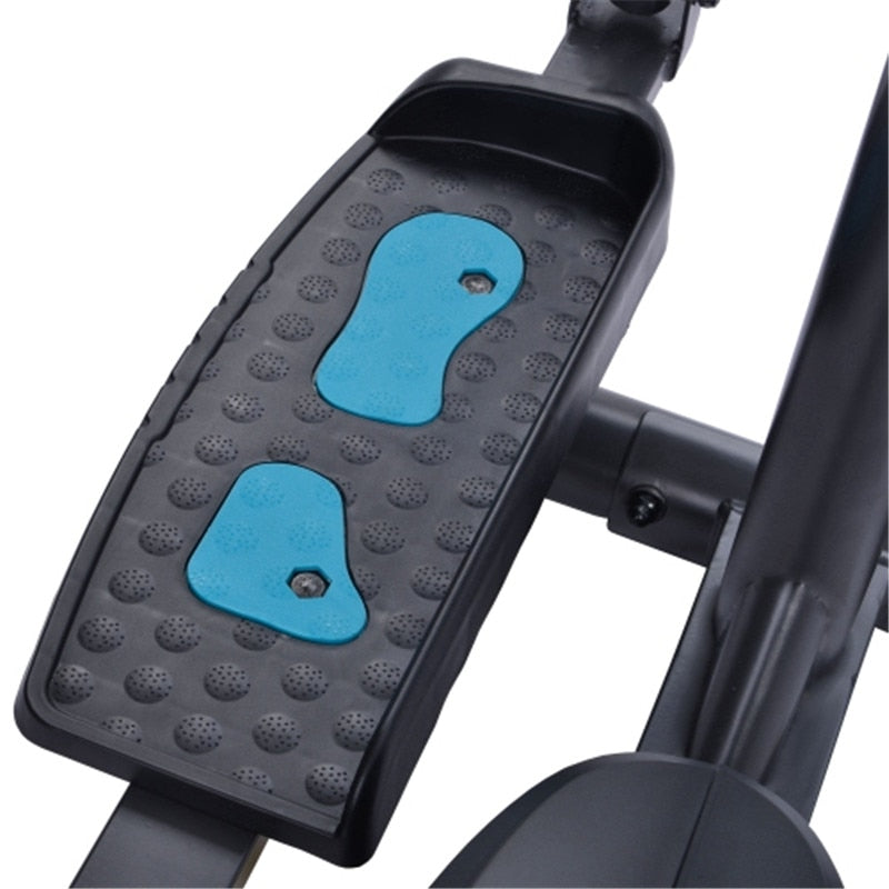 display of black and blue exercise bike pedal with white background